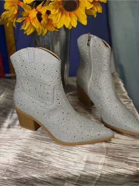 Crystal Embellished Women's Ankle Boots - White